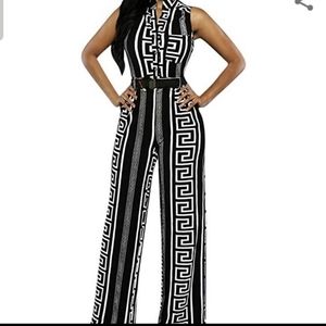 Women plunge v neck belted wide leg jumpsuit Rompr